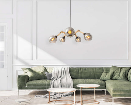 5 glazen hanglamp "soito" hanglamp gemaakt van metaal, glas en rubberen hout, met E14 -aansluiting, voor eetkamer, woonkamer, gang of kantoor, een diameter van 80 cm