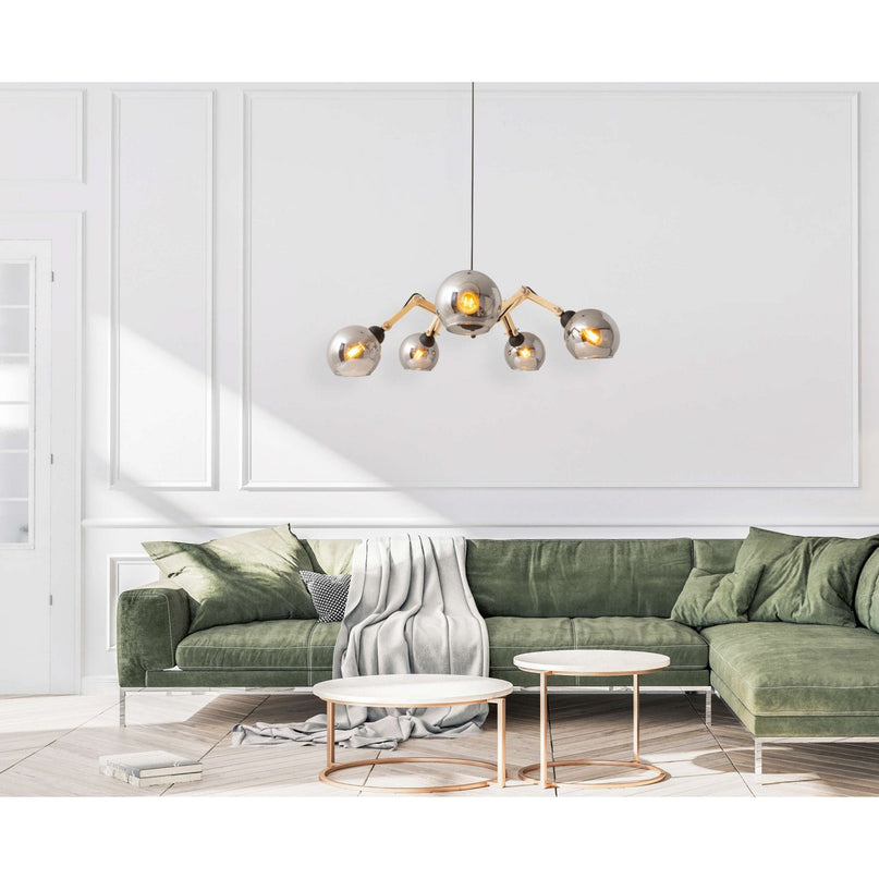 5 glazen hanglamp "soito" hanglamp gemaakt van metaal, glas en rubberen hout, met E14 -aansluiting, voor eetkamer, woonkamer, gang of kantoor, een diameter van 80 cm