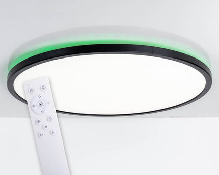 Het LED-plafondlicht "Carlo" met RGB-backlight, Ø van 29,3 cm, klassiekmoderne plafondlicht gemaakt van zwart/wit plastic met veel functies, b.v.