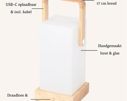 Harper lichtbruine houten lamp – draadloze oplaadbare tafellamp met handvat
