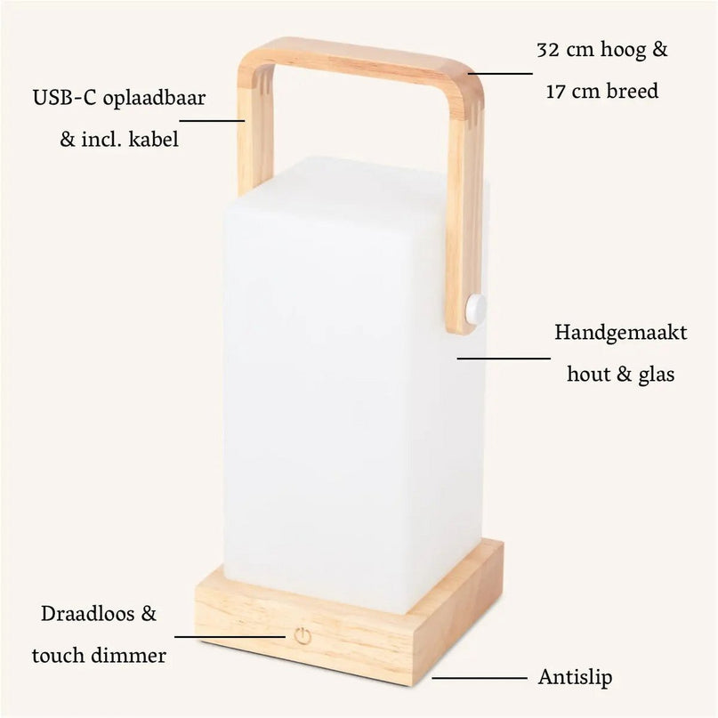 Harper lichtbruine houten lamp – draadloze oplaadbare tafellamp met handvat