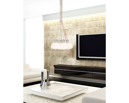 Hanglamp "regenboog-bowl" in totaal 120 cm hoog, 7 glazen schermen Ø 16 cm, gemaakt van chroomkleurig metaal, opaalwit glas en kleurrijke voeding, E14-versies