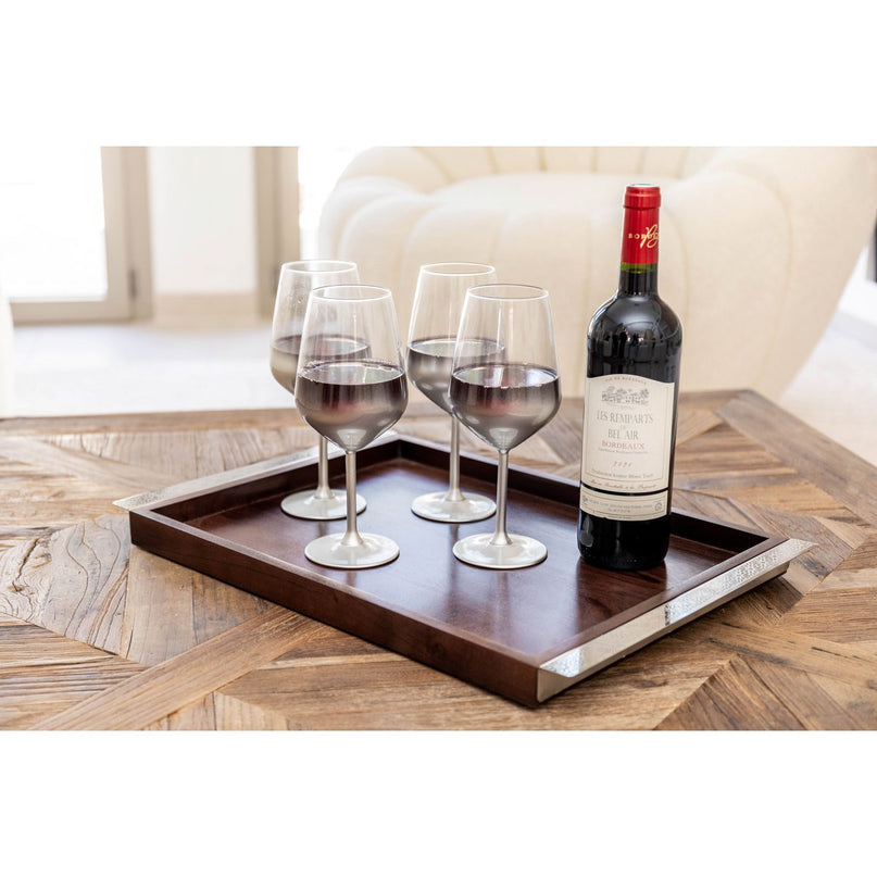 Rechthoekig houten dienblad met 44x33cm zilveren metalen handgrepen