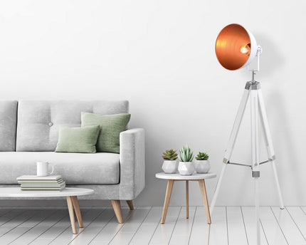 Staande lamp driekbende "" Christie "" gemaakt van metaal en wit geschilderd hol, e27, 90-130 cm hoog