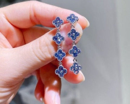 Blauwe geluksklaver Longline Drop Oorbellen