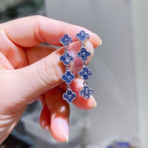 Blauwe geluksklaver Longline Drop Oorbellen