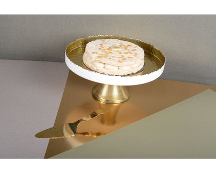 Witte en gouden cakeschotel op voet 30x30x12,5 cm