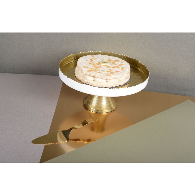 Witte en gouden cakeschotel op voet 30x30x12,5 cm