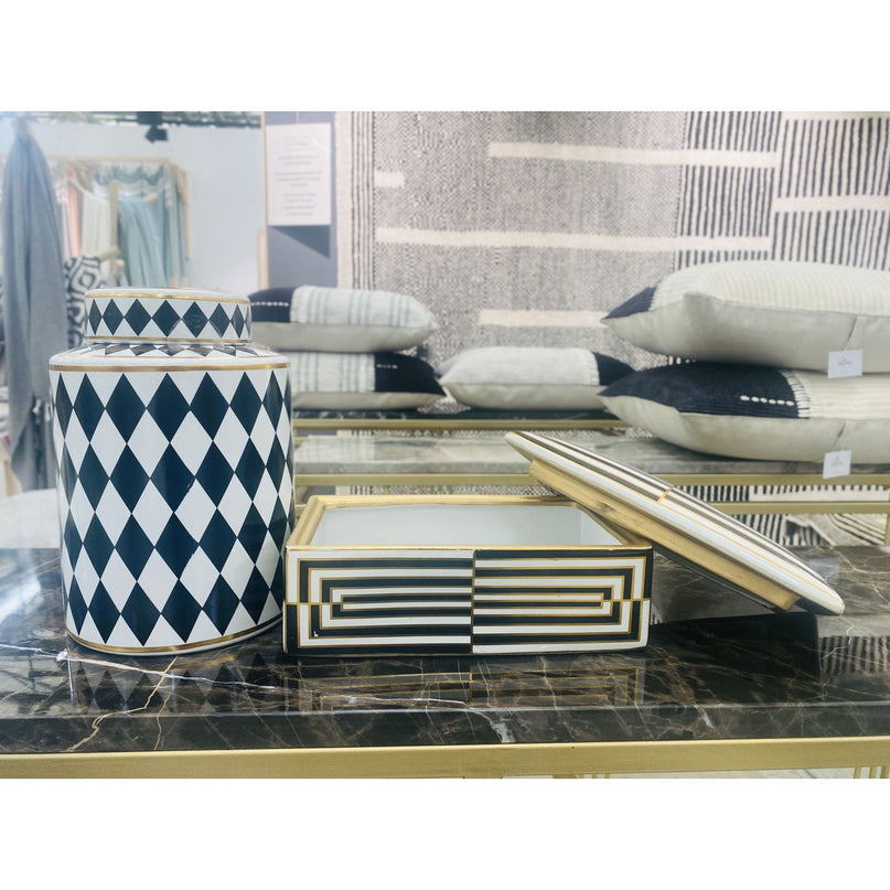 Moderne huisdecoratie opbergdoos met zwart-wit gouden rand