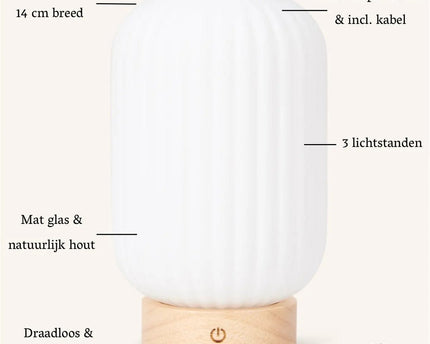 Unieke oplaadbare lamp Lilly – matglas en houten voet, dimbaar, 3 lichtmodi