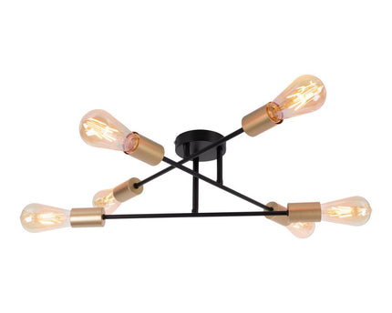 Plafondlicht "Modo" 6-flame gemaakt van metaal in zwart, versies goud, E27-aansluiting, plafondlamp voor woonkamer, eetkamer, keuken, gang, gang of kantoor met een Øvon 54,5 cm
