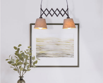 Schaar hanglamp "Adrianne", breedte uit te strekken van 35-57 cm, gemaakt van bruin metaal met natuurlijk gekleurde textiel parasols, E27-versies, verlichting voor woonkamer, eetkamer of kantoor