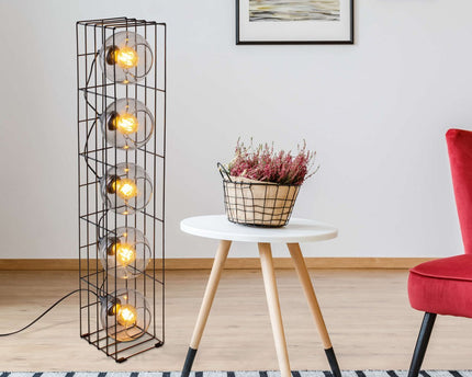Glasse-stand-lamp "Cesta" vloerlamp gemaakt van zwarte metalen draad en getinte glas, met E27-aansluiting, 95 cm hoog, voor eetkamer, woonkamer, gang of kantoor,