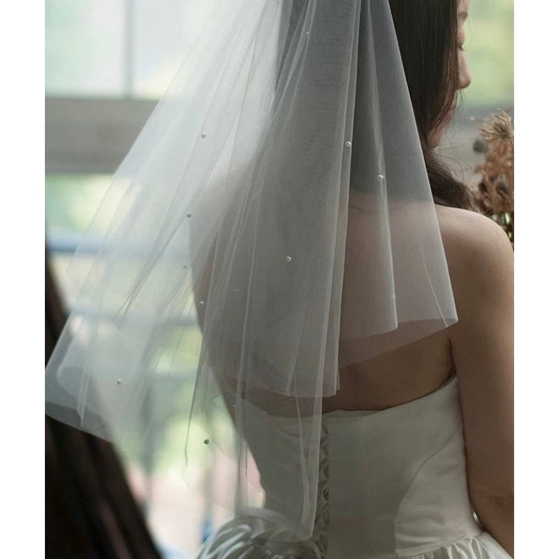 Elegante tweedelige bruidssluier met kleine parels