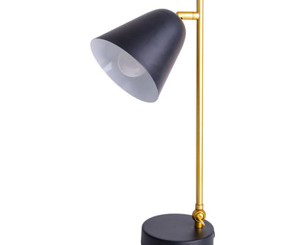 De "Triton" tafellamp gemaakt van zwart en messing gekleurd metaal is 42,5 cm hoog, heeft een E14-versie en is ideaal voor woonkamer, gang, kantoor of dessert