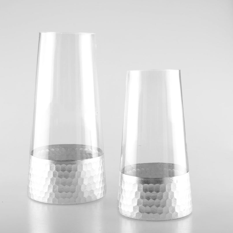 Transparante en zilveren conische vaas H22cm