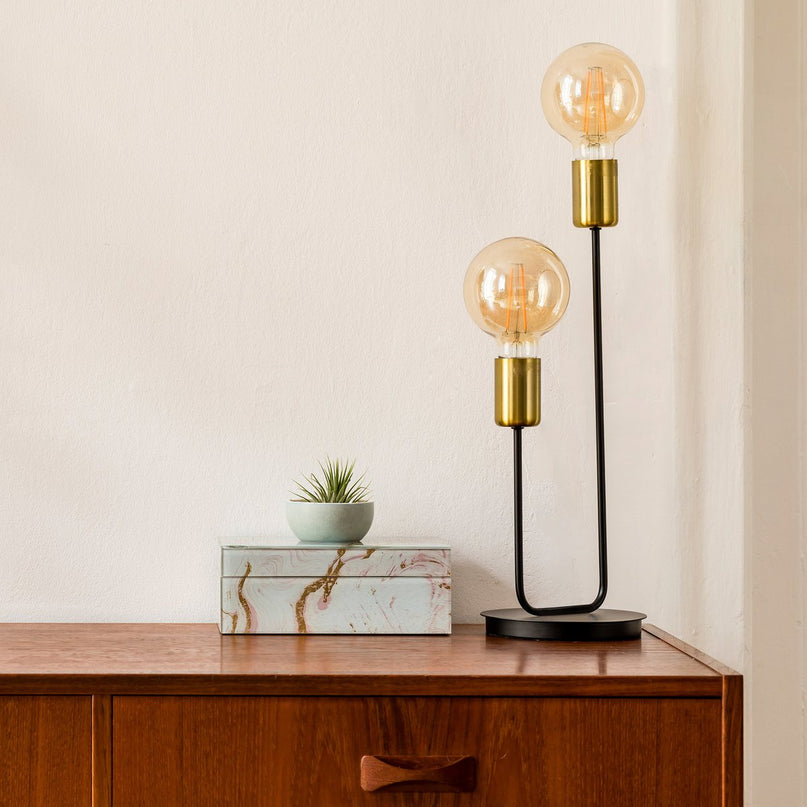 Tabellamp 2-flame. "Modo" gemaakt van metaal in zwart, versies in goud, E27 -aansluiting, tafellamp voor woonkamer, eetkamer, keuken, gang, gang of kantoor, 45 x 14 cm