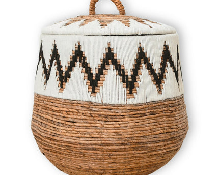 Wasmand met deksel – Boho Wasmand Rond – Grote Boho Mand – Geweven Mand met Katoenpatroon PALEM (3 maten Ø33/43/55cm)