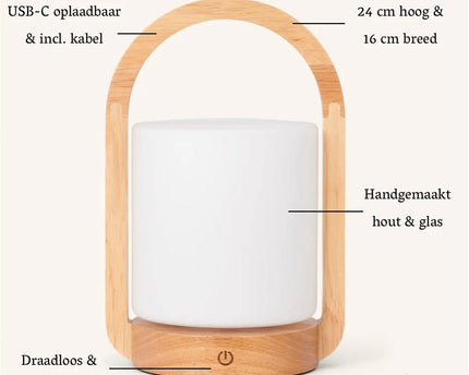 George lichtbruine houten oplaadbare lamp gecombineerd met matglas en een handvat
