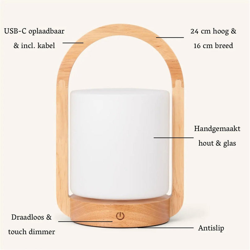 George lichtbruine houten oplaadbare lamp gecombineerd met matglas en een handvat