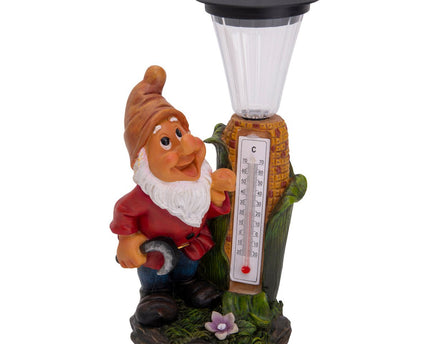 LED -decoratie Solar Light "Dwarf" met thermometer gemaakt van geschilderde polyresin, ongeveer 26 cm hoog en uitgerust met stevig geïnstalleerde LED's