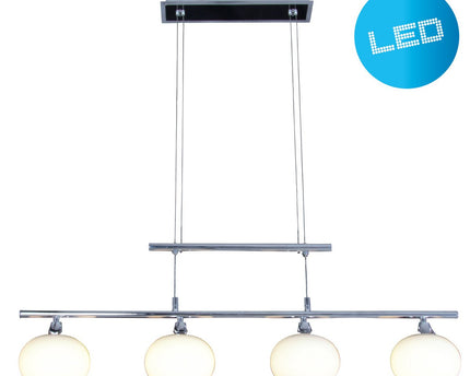Hanger lamp, 4FLG. "Kemi", 82 cm breed, gemaakt van metaal- en opaalgekleurd glas.