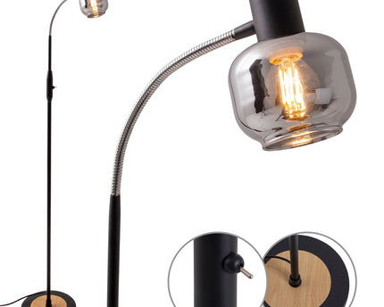 Glas-stand-lamp "Fumoso", vloerlamp gemaakt van metaal en glas in zwart, met E14-aansluiting, voor eetkamer, woonkamer, hal of kantoor, vloerlamp binnen, 150 cm hoog.