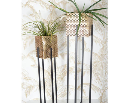 Metalen plantensteun met gouden ijzeren pot h.80 cm