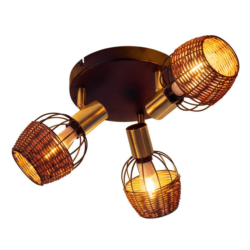 3 "Corbis" plafond Rondel, metalen plek in zwart, met goud en rattan, met E14 -aansluiting, voor eetkamer, woonkamer, gang of kantoor, verlichting voor woonkamer, eetkamer of kantoor, 38 cm diameter, diameter van 38 cm