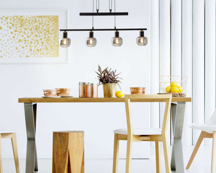4 hanger lamp "fumoso", hanglamphoogte verstelbaar gemaakt van metaal en rookglas in zwart, met E14 -aansluiting, voor eetkamer, woonkamer, gang of kantoor, 78 x 10 cm