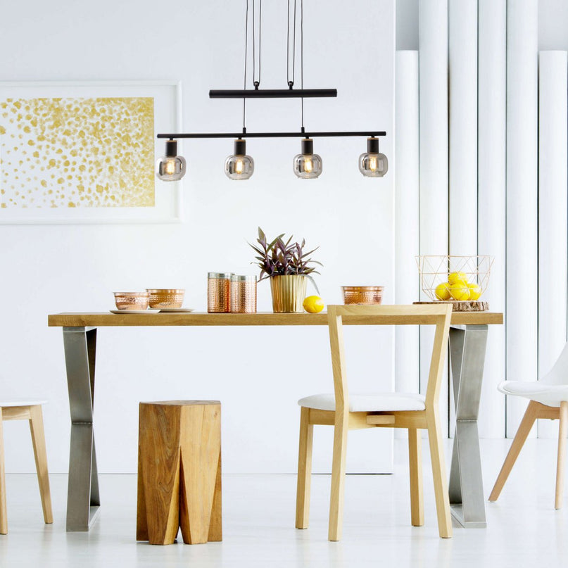4 hanger lamp "fumoso", hanglamphoogte verstelbaar gemaakt van metaal en rookglas in zwart, met E14 -aansluiting, voor eetkamer, woonkamer, gang of kantoor, 78 x 10 cm