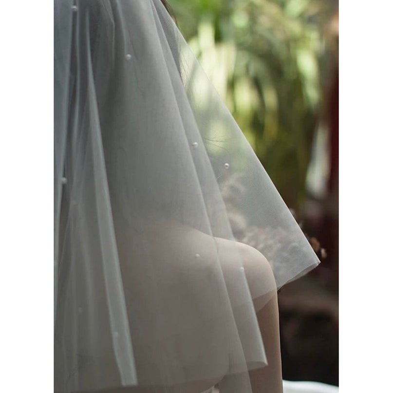 Elegante tweedelige bruidssluier met kleine parels