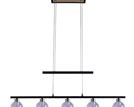 LED-glazen hanglamp "messing" zwart, klassiek, hangende lamp gemaakt van zwart metaal en glas, met stevig ingebouwde LED's, verlichting voor woonkamer, eetkamer of kantoor, 90 cm lang
