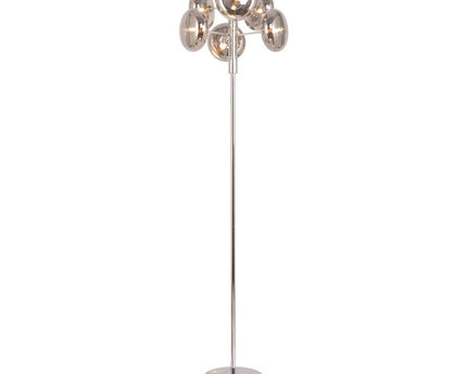 Staande lamp "Orion" rokerig, ongeveer 165 cm hoog, gemaakt van chroomkleurig, roestvrij staal en rookglas, G9-aansluiting, verlichting voor woonkamer, eetkamer of kantoor.
