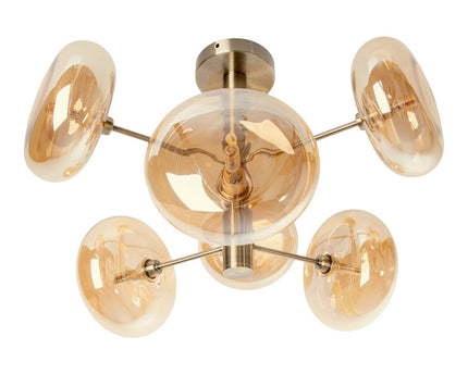 Plafondlamp "Orion" Ø ongeveer 53 cm barnsteen, gemaakt van messing gekleurd metaal en glas in barnsteen, G9-basis, verlichting voor woonkamer, eetkamer of kantoor.