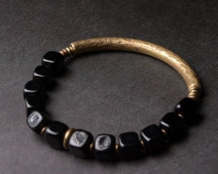Zwarte obsidiaan blokken armband met bronzen armband