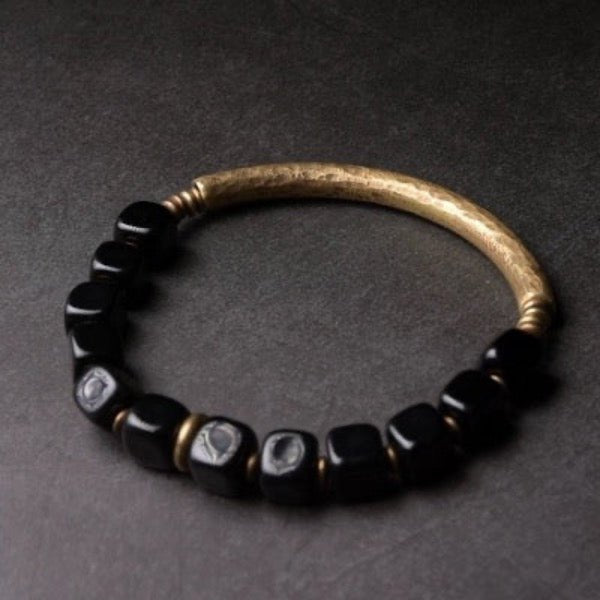 Zwarte obsidiaan blokken armband met bronzen armband