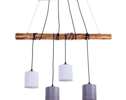 4 hanglamp "Malta" gemaakt van metaal en hout, met textielparaplu's in grijs en wit, E27 -aansluiting, verlichting voor woonkamer, kantoor of nachtkastje