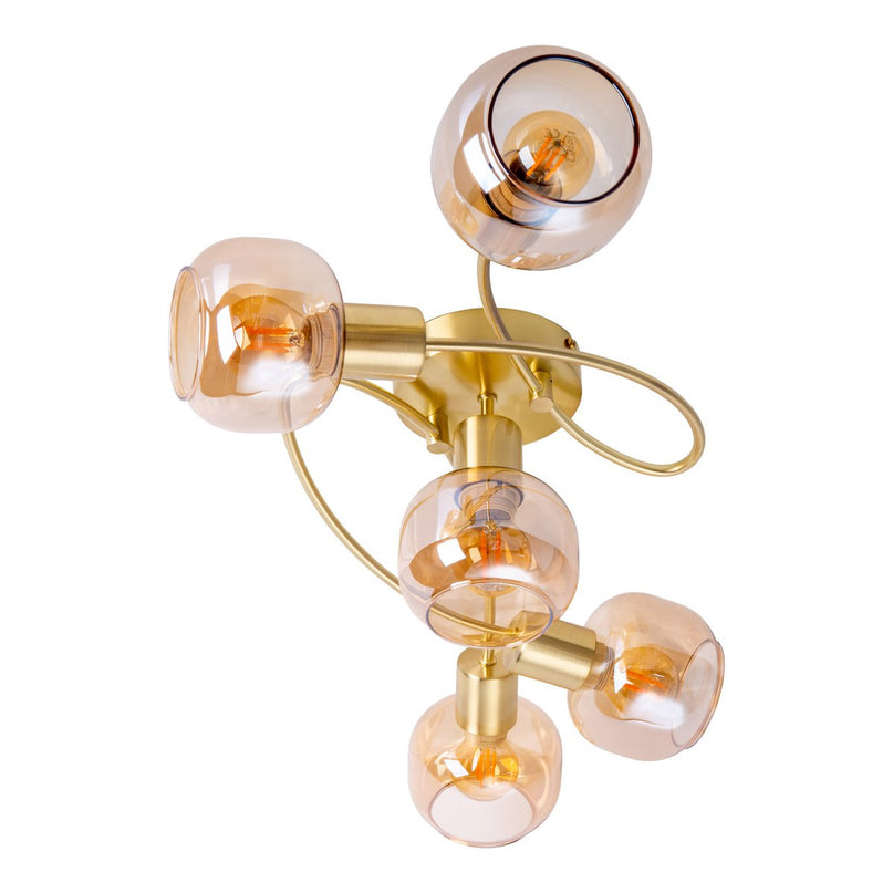 5er spot/plafondlamp "libby" messing, klassiek plafondlamp gemaakt van messing gekleurd metaal en getinte glas in barnsteen, met E14-aansluiting, voor eetkamer, woonkamer, gang of kantoor, 65,5 cm lang