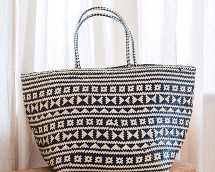 Boho Tote Bag – Zeegras Zomertas – Schouder Strandtas – Geweven Natuurlijke Tas – Grote Boho Boodschappentas KIDUL (zwart)