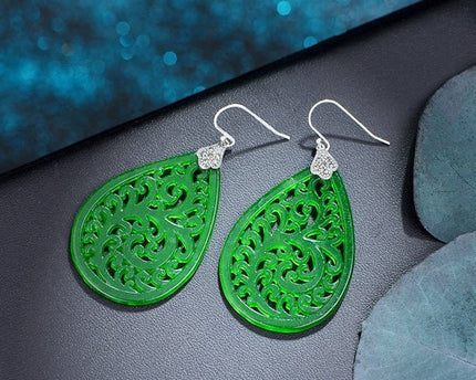 Waterdrop Jade oorbellen-Ruyi bloempatroon