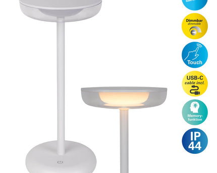 Noteloze tabletlicht "PASI" voor buiten en binnen, gemaakt van metaal en plastic in wit, dimbaar, met aanraking en geheugenfunctie, ca. 26 cm hoog