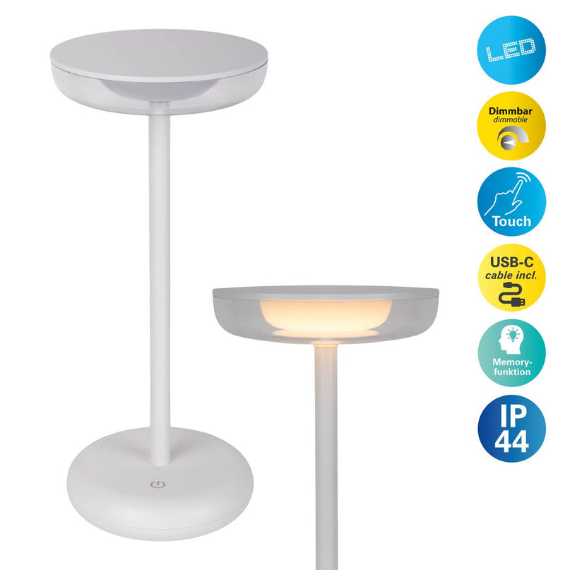 Noteloze tabletlicht "PASI" voor buiten en binnen, gemaakt van metaal en plastic in wit, dimbaar, met aanraking en geheugenfunctie, ca. 26 cm hoog